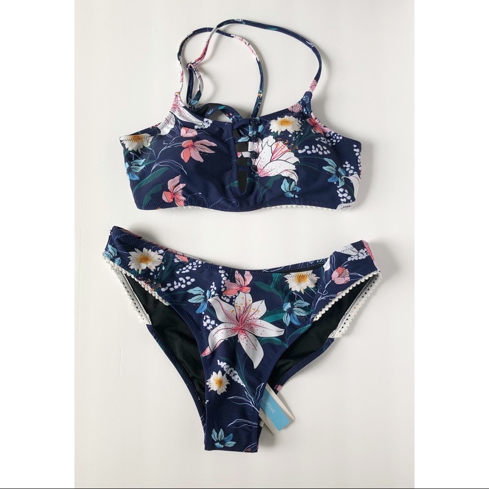 CUPSHE Navy Floral Cutout Bikini Size L